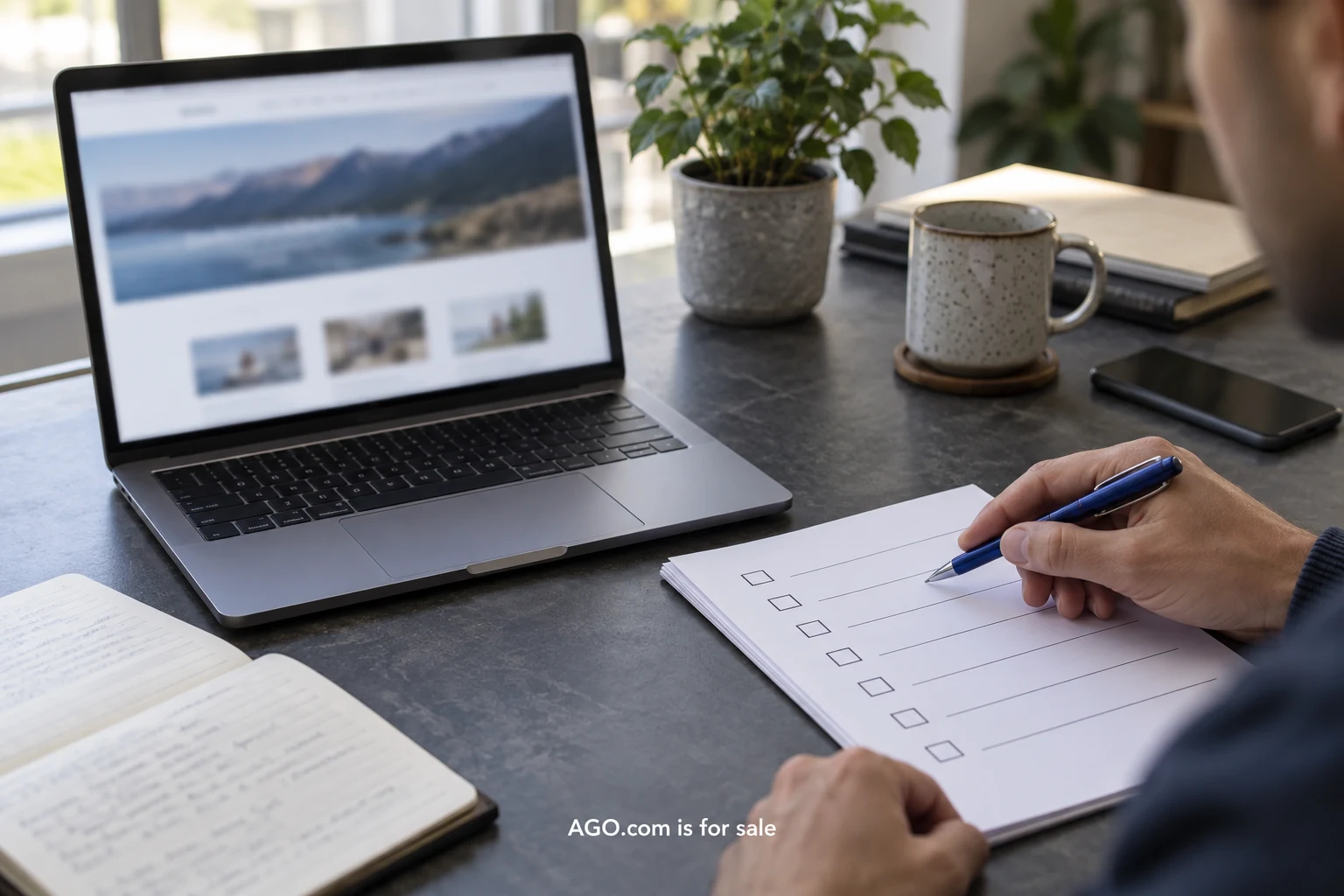 A domain migration planning scene with a discreet AGO.com is for sale watermark